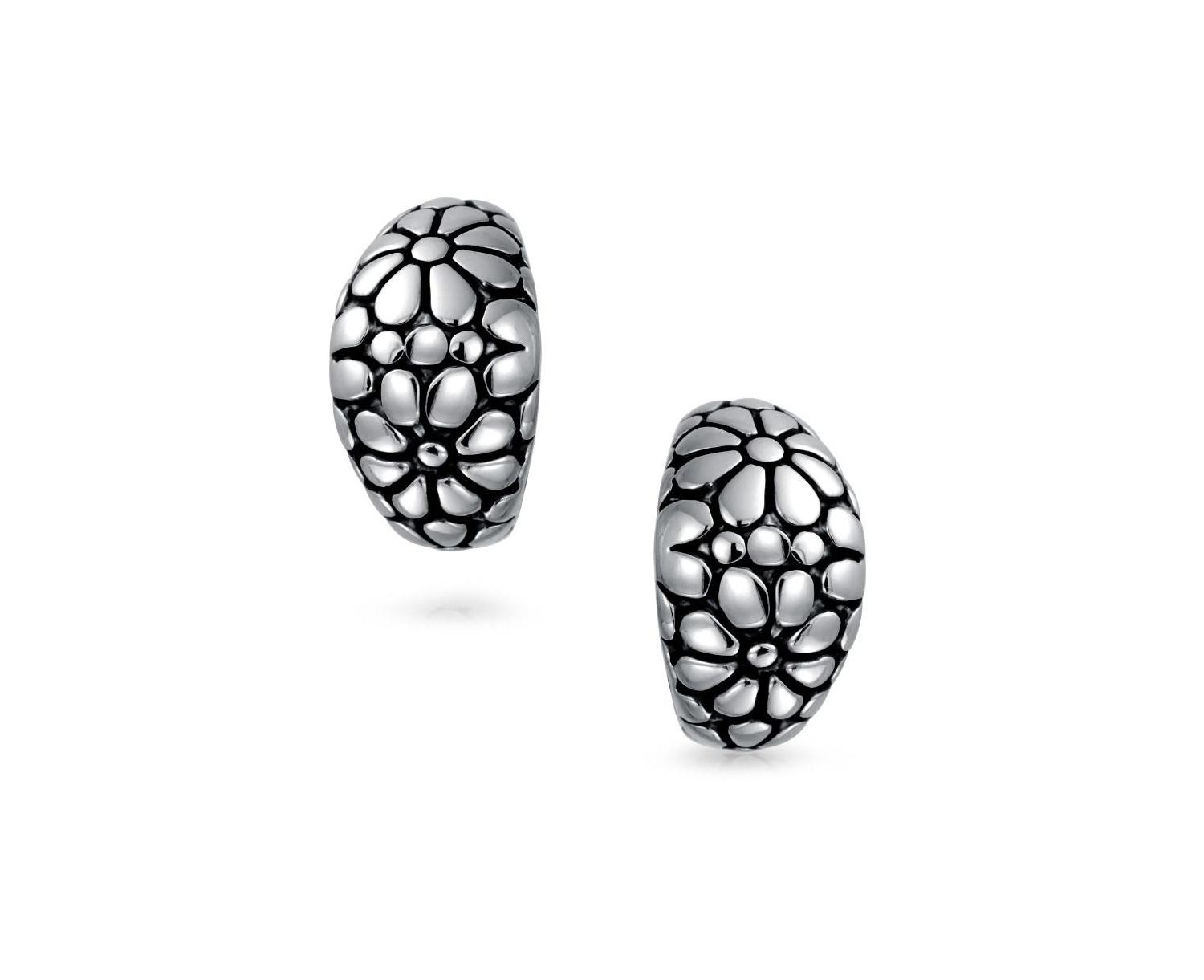 Daisy Flower Clip On Earrings Shrimp Style Oxidized Silver Plated
