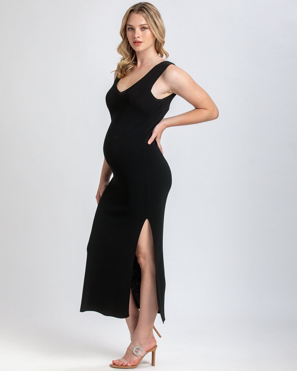 Maternity Soft Viscose Knit V-Neck Side Slit Dalia Dress - Black