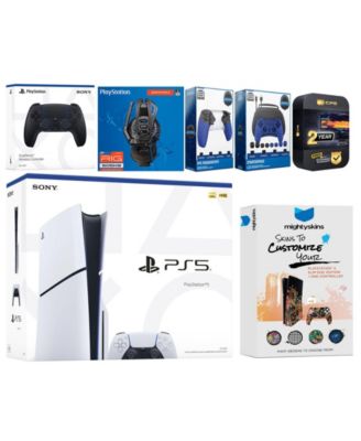 Playstation 5 Slim Disc with Extra Chroma Indigo Controller, Plantronics Headset, Gamer Kit, Trigger Kit and MightySkins Decal Voucher + 2 Year C