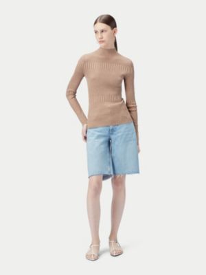 Women's High-neck Ribbed Cotton Silk Cashmere Blend Sweater