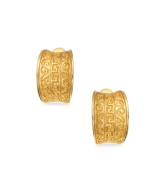 Egyptian Greek Motif Wide Half Hoop Clip On Earrings Non Pierced Ears Matte Gold Plated Brass