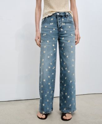 MANGO Women's Flower-Embroidered Wide Leg Jeans - Macy's