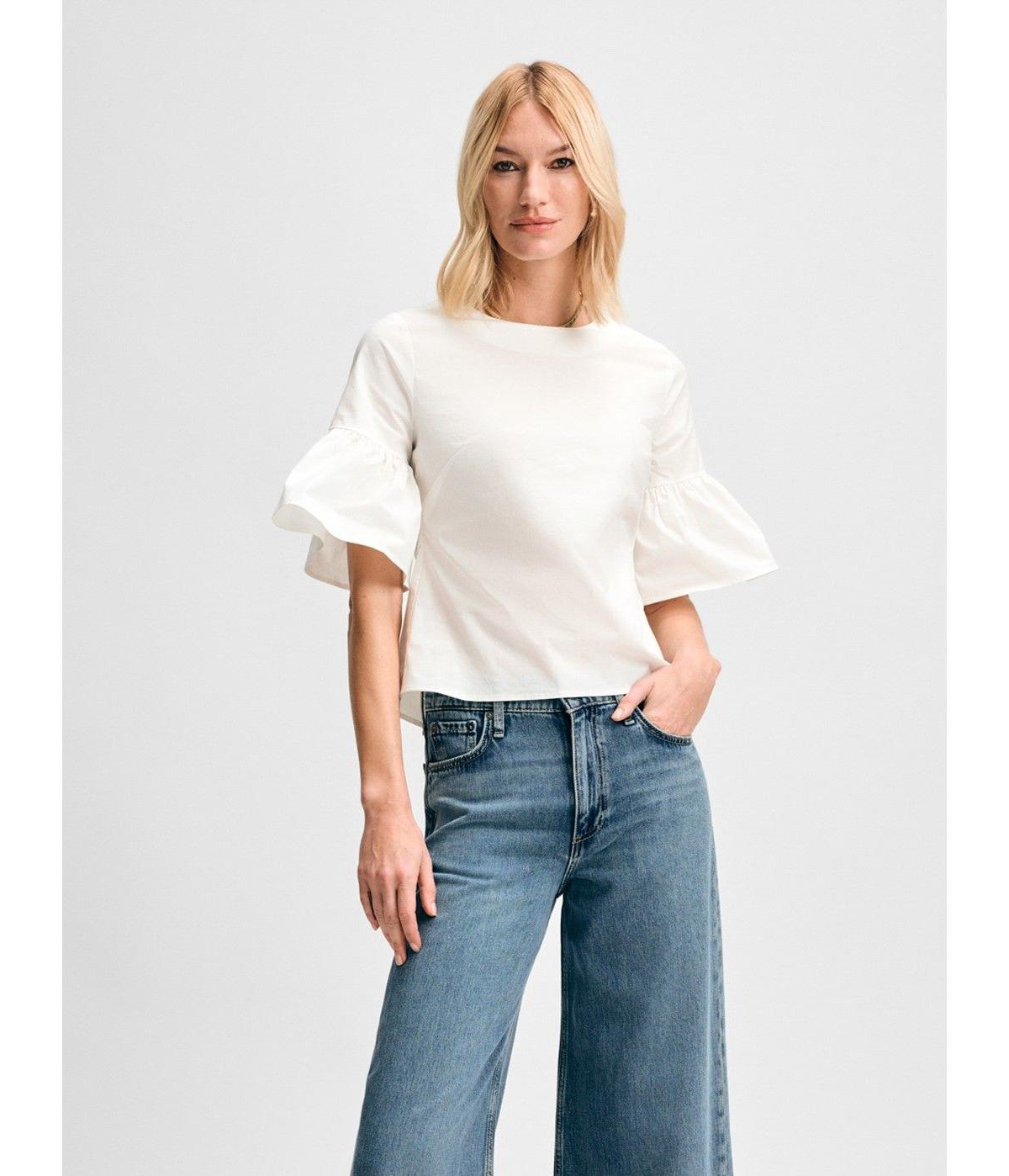 Women's Button Back Fluted Short Sleeve Poplin Blouse - White