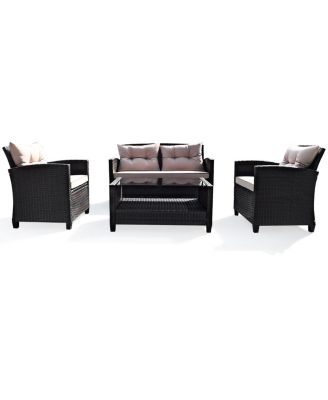 4PCS Outdoor Rattan Furniture Set Cushioned Patio Sofa Set