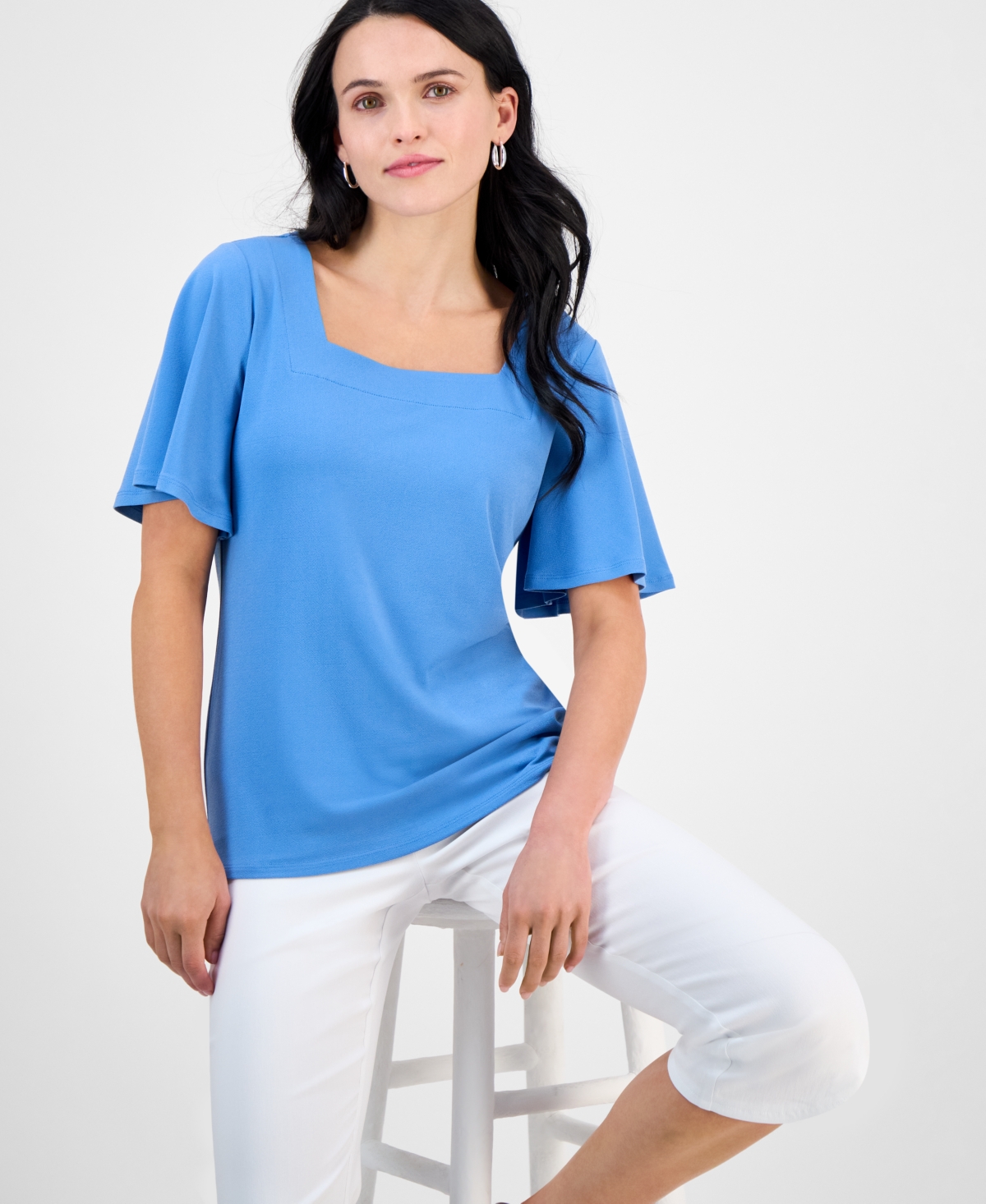 JM COLLECTION PETITE FLUTTER-SLEEVE SQUARE-NECK TOP, EXCLUSIVELY AT MACY'S 