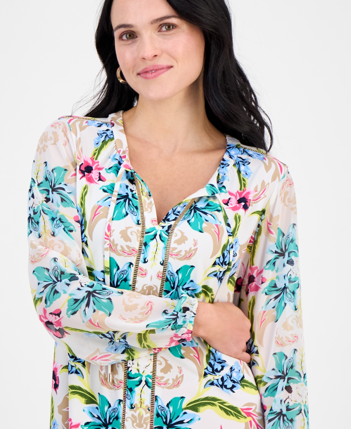 JM COLLECTION PETITE BALI ESCAPE PRINTED BLOUSON-SLEEVE BLOUSE, EXCLUSIVELY AT MACY'S 