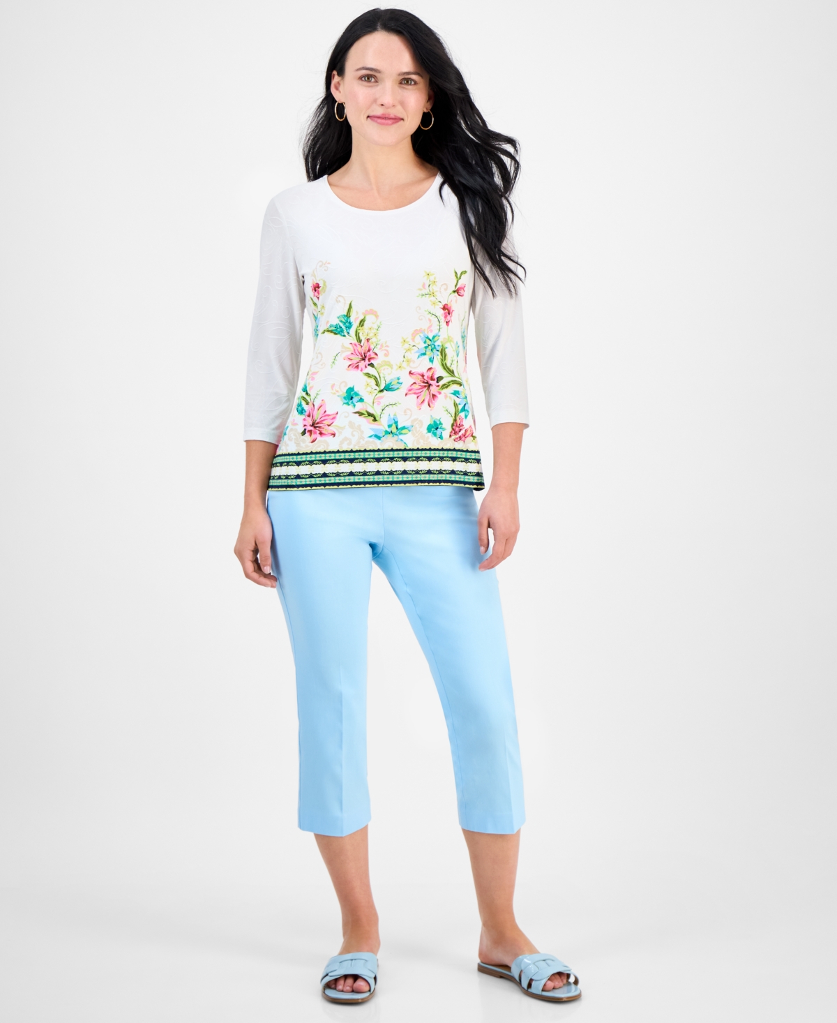 JM COLLECTION PETITE JACQUARD 3/4-SLEEVE TOP, EXCLUSIVELY AT MACY'S 
