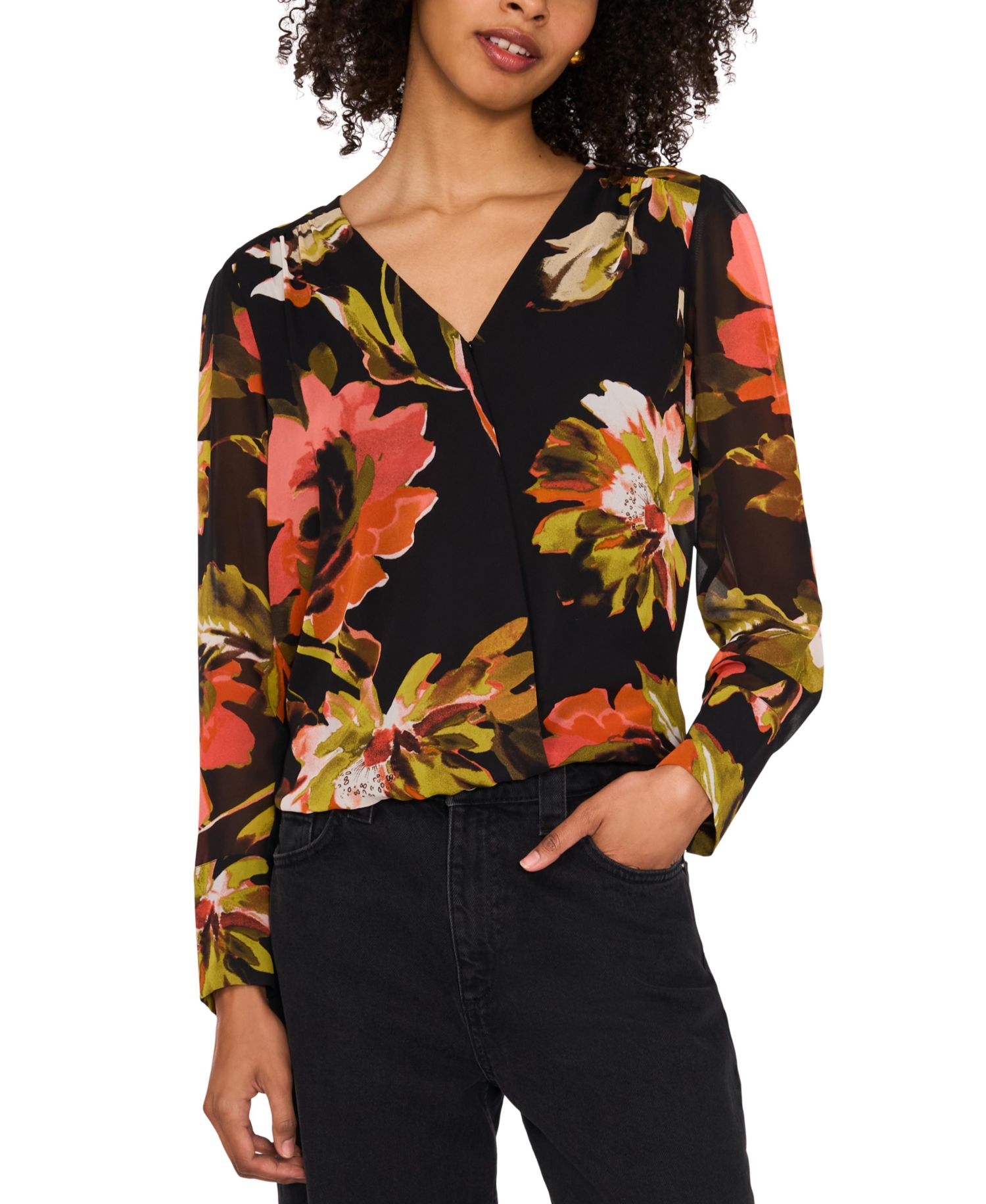 Women's Split-Neck Wrapped Long-Sleeve Top