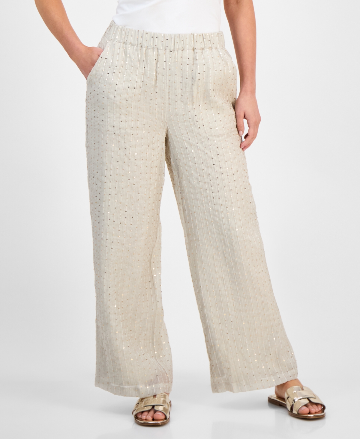 JM COLLECTION PETITE CRINKLE SEQUIN PULL-ON PANTS, EXCLUSIVELY AT MACY'S 