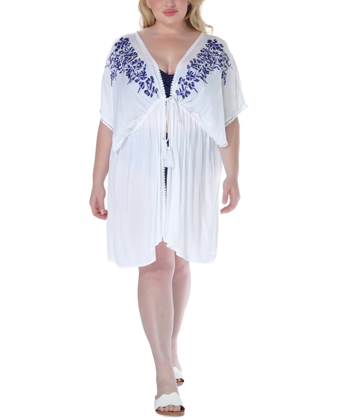 Ravyia Plus Size Tie-Waist Embroidered Cover-Up Dress - White/blue