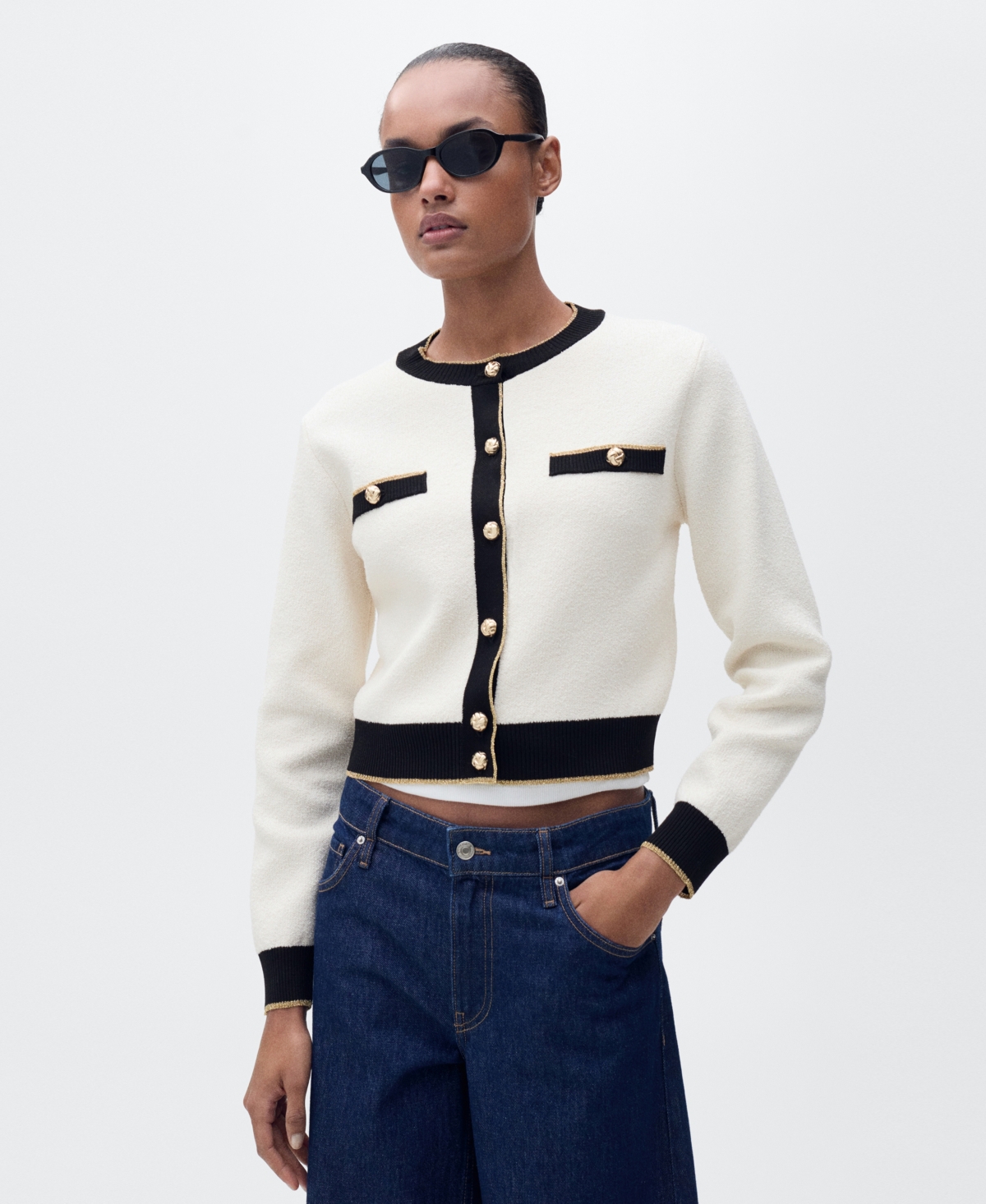 Mango Women's Double Trim Knit Cardigan In Ecru
