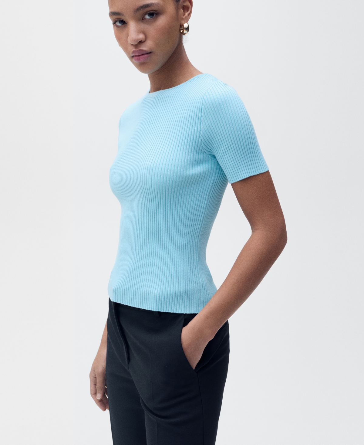 Mango Ribbed Short Sleeve Sweater With Back Opening In Turquoise