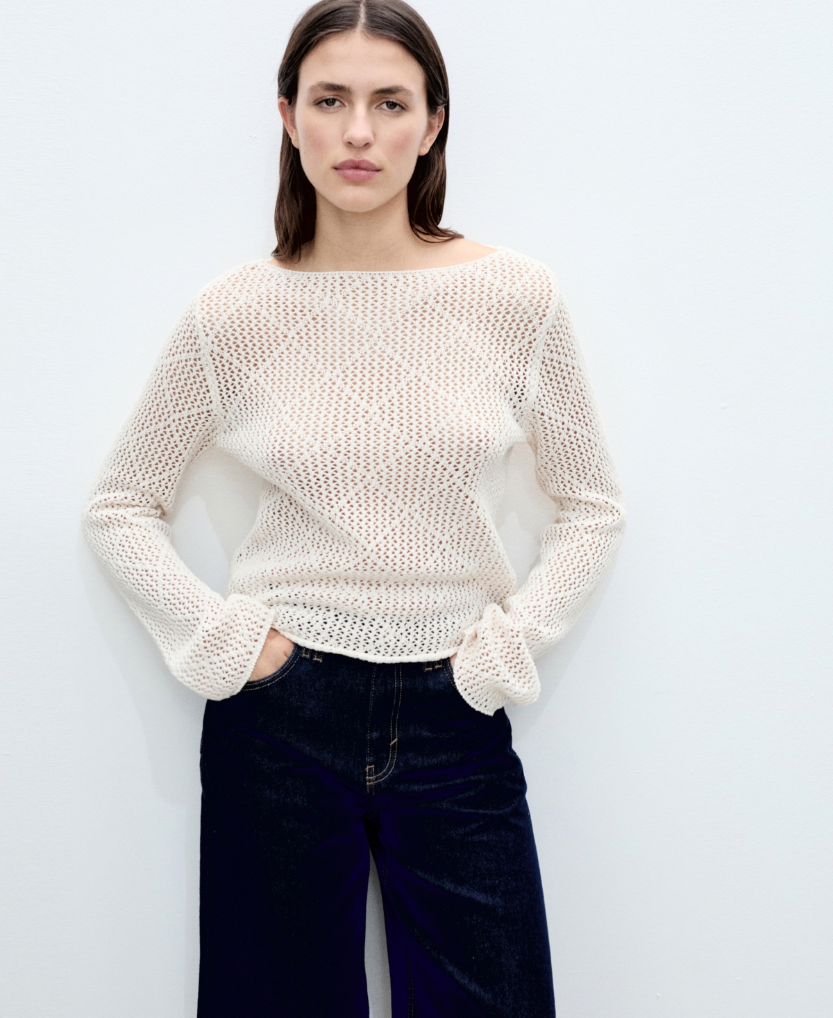 Shop Mango Women's Cotton Openwork Knit Sweater In Ecru