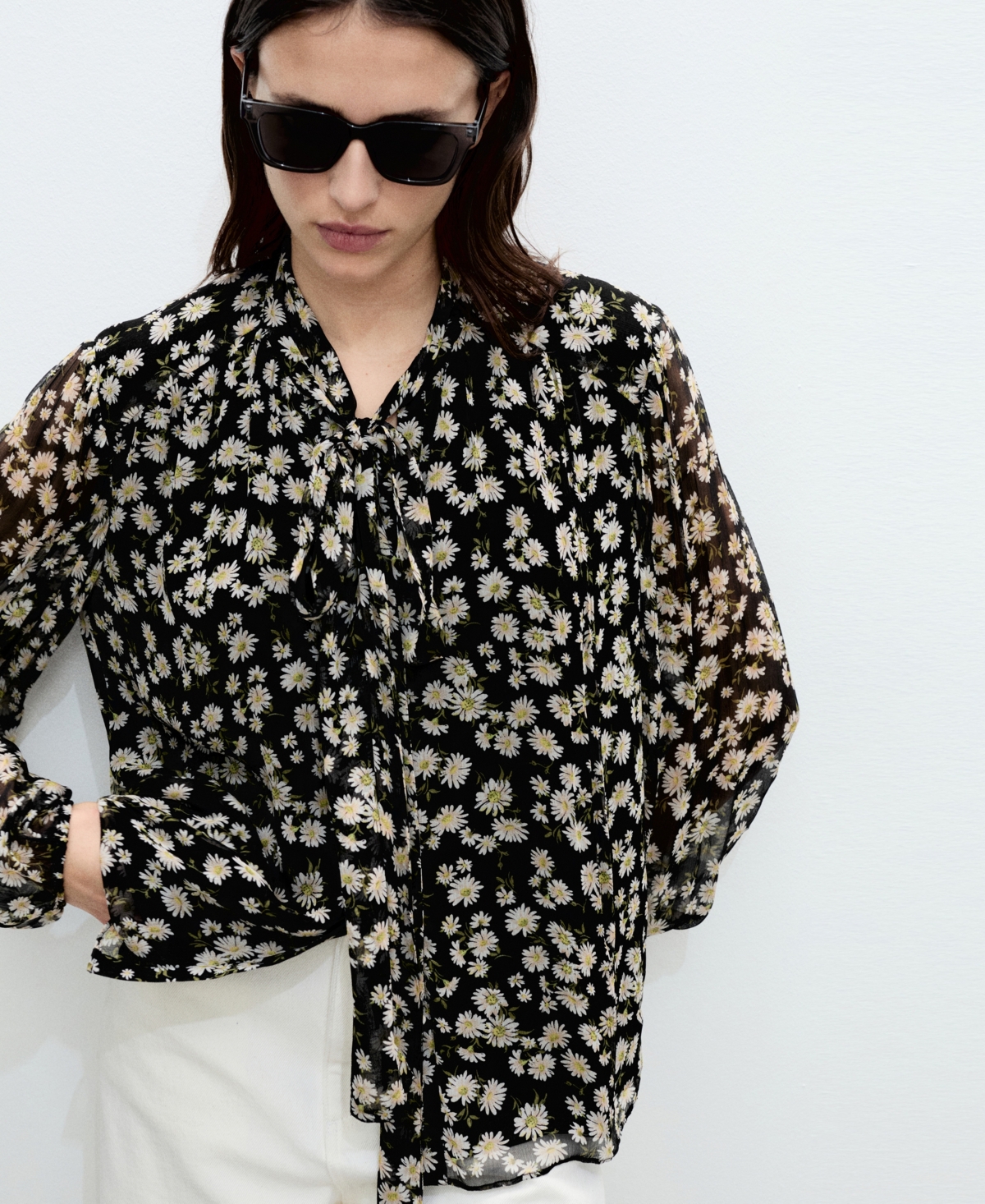 Mango Floral Tie Blouse Black In Black