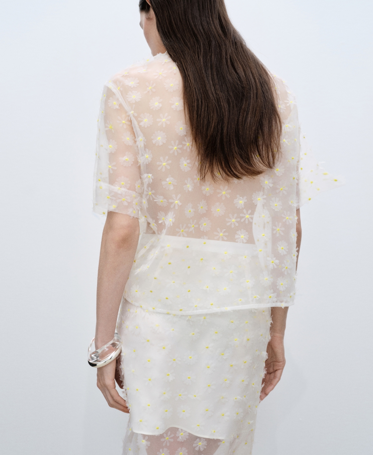 Mango Semi-transparent Shirt Embroidered With Flowers Off White In Off White