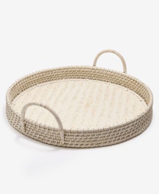 Amara - Handmade White Bamboo Serving Tray, Round Boho Basket with Handles