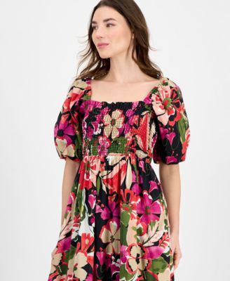 Anne Klein Women's Smocked Puff-Sleeve Floral Midi Dress - Macy's