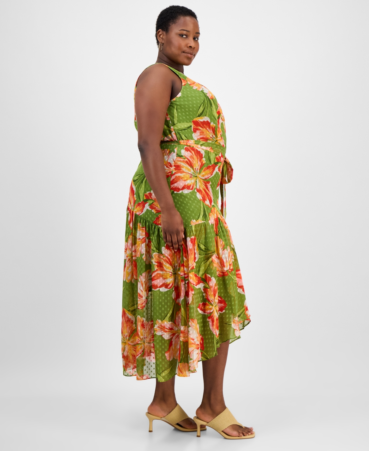 Anne Klein Plus Size Floral Chiffon High-low Dress In Green