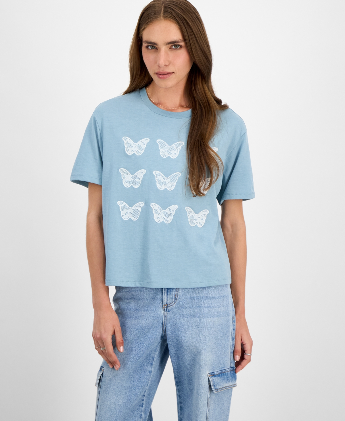 Rebellious One Juniors' Lace Applique Butterfly T-shirt