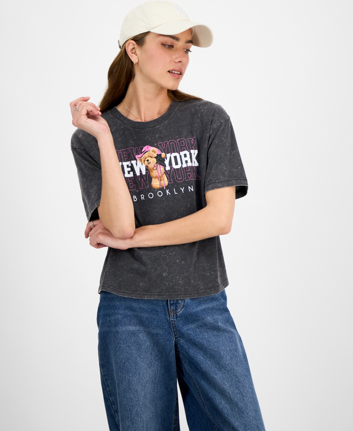 Juniors' Nyc Teddy Bear Mineral Wash Graphic T-Shirt - Black