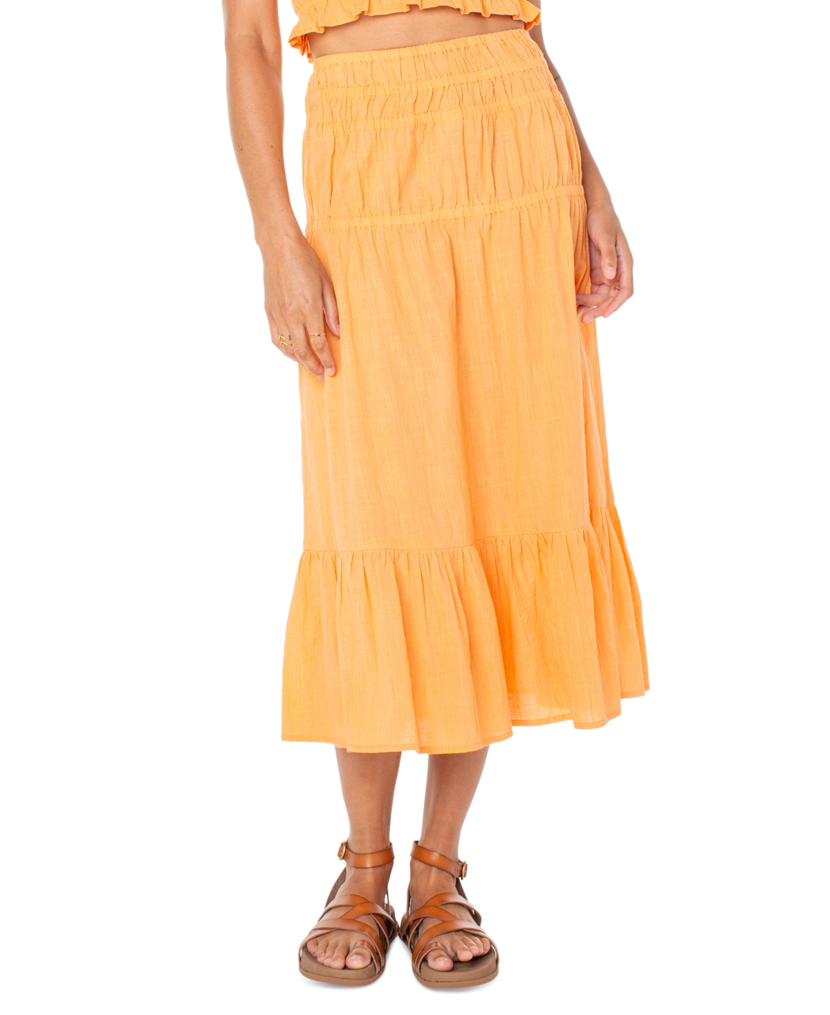 Juniors' Malia Cotton Solid Tiered Midi Skirt - Muskmelon
