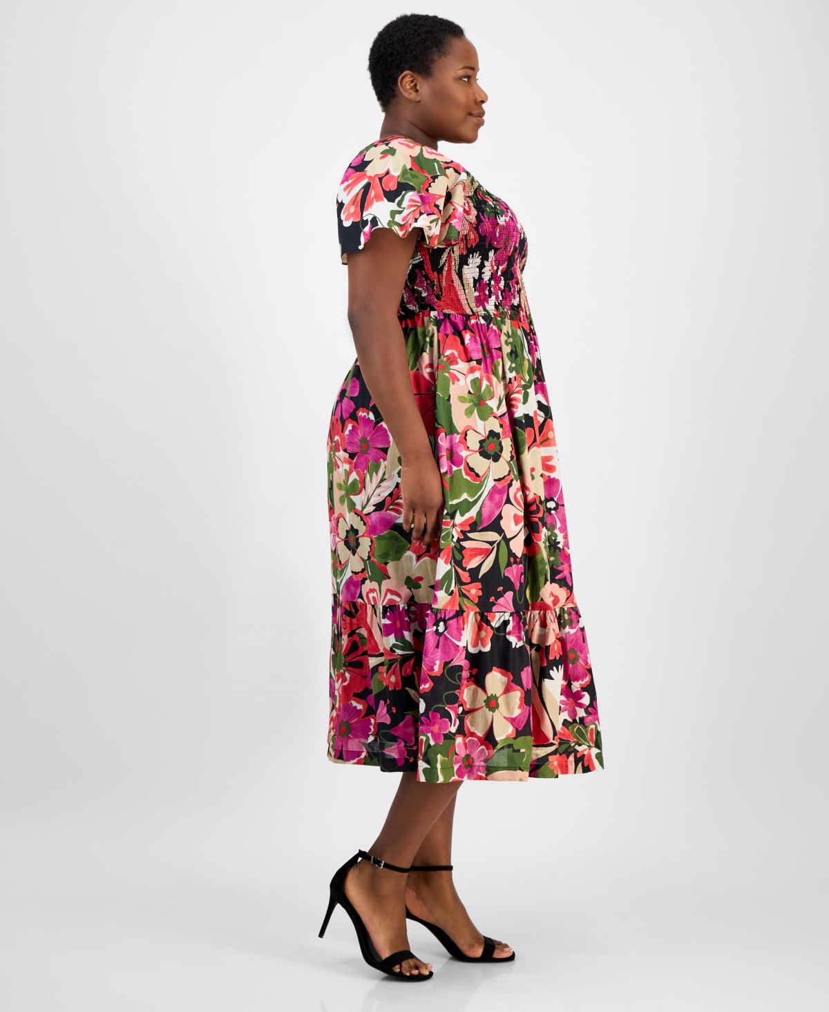Anne Klein Floral Smocked Flutter Sleeve Cotton Maxi Dress In Multi