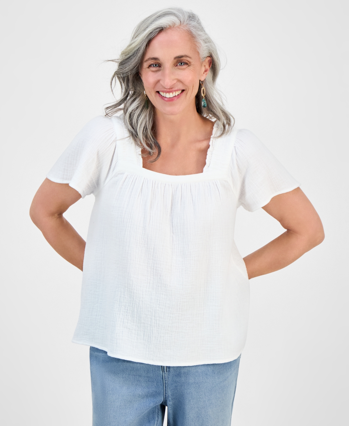 Style & Co Petite Camp Stripe Square-neck Cotton Top, Exclusively At Macy's