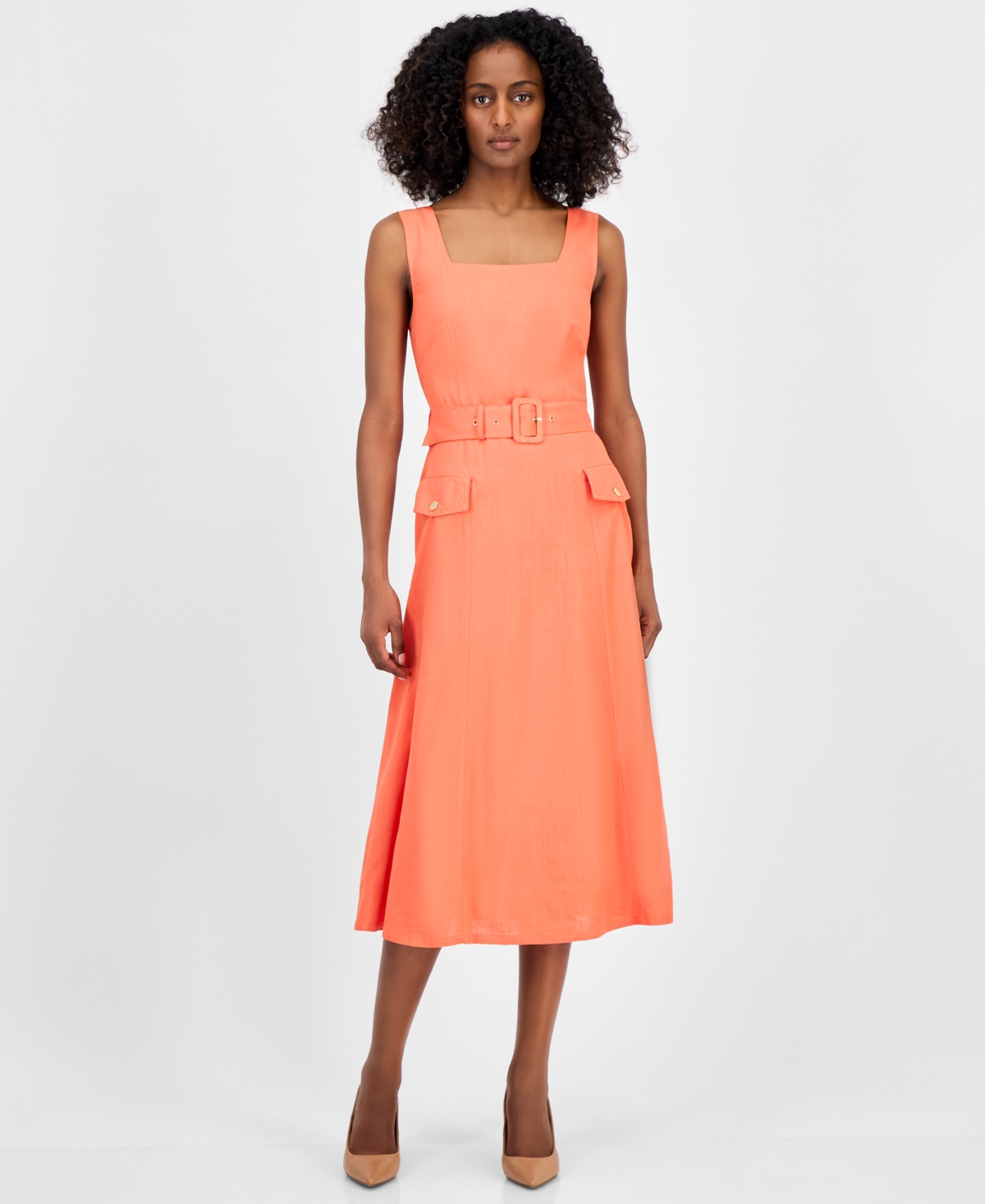 Tahari Asl Women's Sqaure-neck Belted Midi Dress