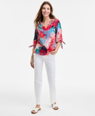 Women's V-Neck Elbow Raglan-Sleeve Printed Blouse