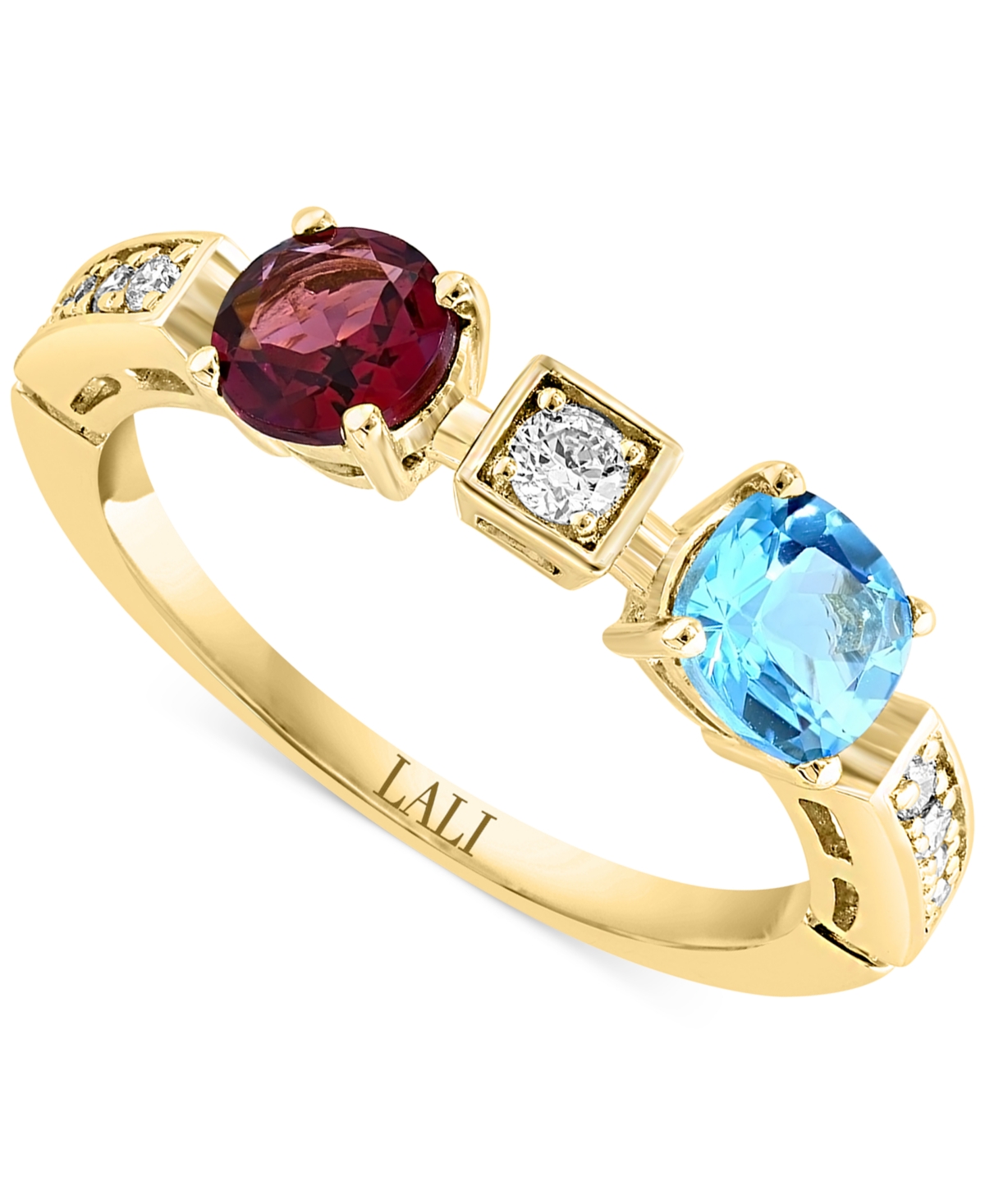 Swiss Blue Topaz (3/4 ct. t.w.), Rhodolite (1/6 ct. t.w.) & Diamond (1/6 ct. t.w.) Ring in 14k Yellow Gold - Yellow Gold