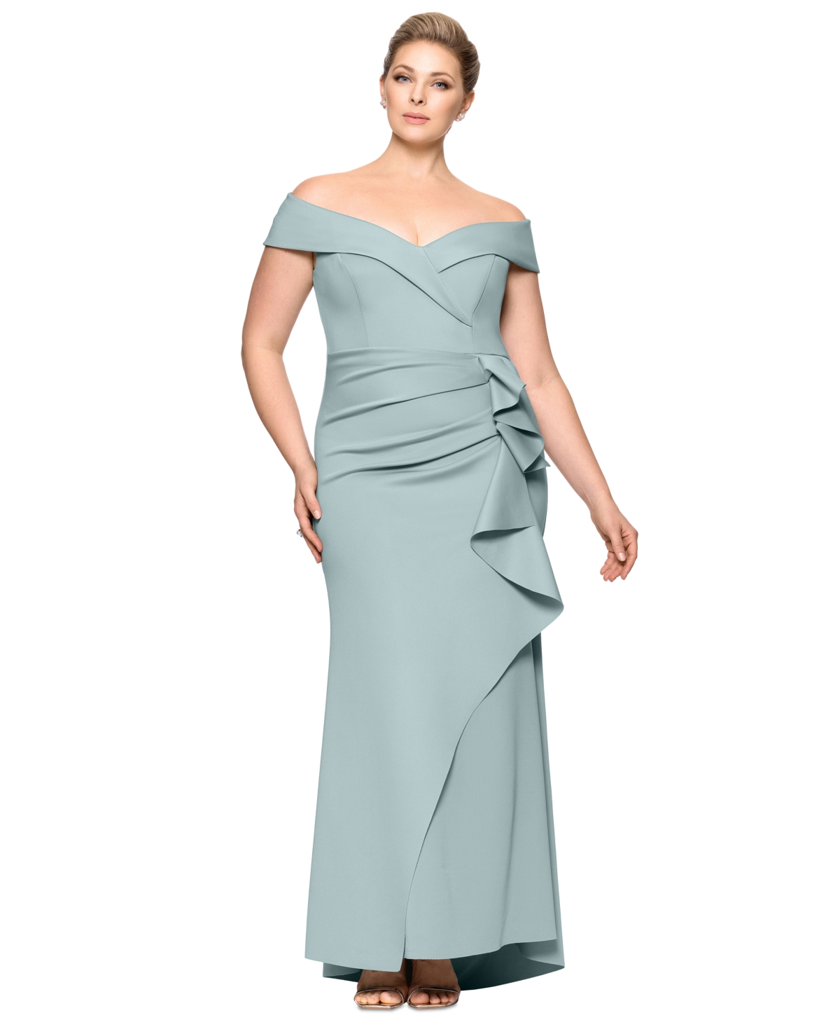 Xscape Plus Size Off-the-shoulder Scuba Crepe Gown In Sage
