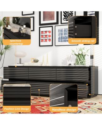 TV stand with 6 drawers, media console with embossed texture, entertainment center in black wood