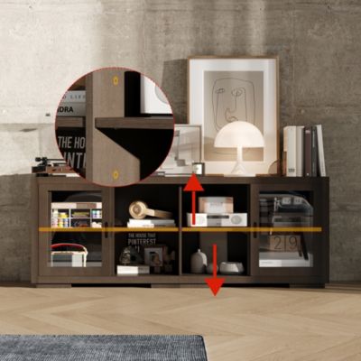Solid Wood TV Stand with 4 Sliding Tempered Glass Doors,Media Console, Entertainment Center