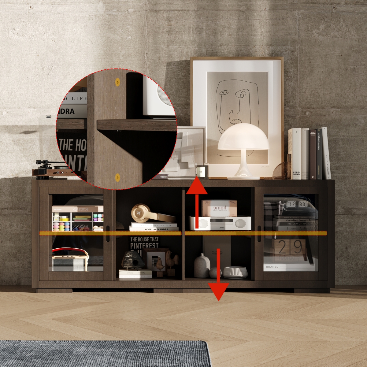 Solid Wood Tv Stand with 4 Sliding Tempered Glass Doors,Media Console