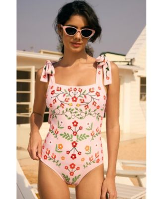 Women's Pink Floral Harmony Embroidered Swimsuit