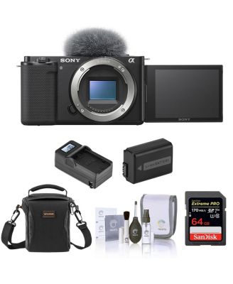 Sony ZV-E10 APS-C Mirrorless Interchangeable Lens Vlogging Camera, Black - Bundle with 64GB SD Card, Shoulder Bag, Extra Battery, Charger,