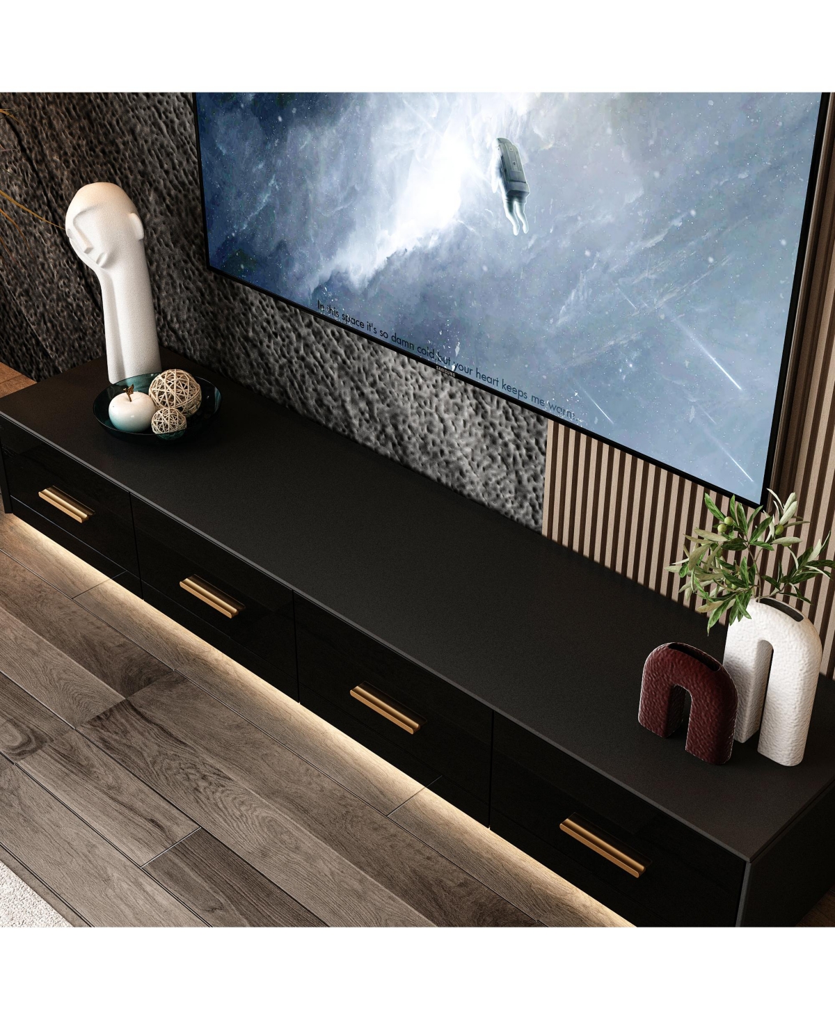 Tv stand with 4 drawers, media console with light strip