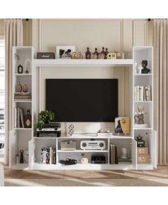 Black four-door TV stand, media console with movable shelves, multi-purpose entertainment center