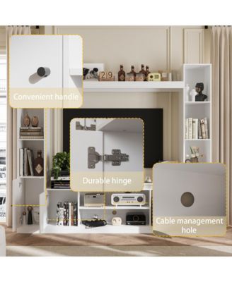 Black four-door TV stand, media console with movable shelves, multi-purpose entertainment center