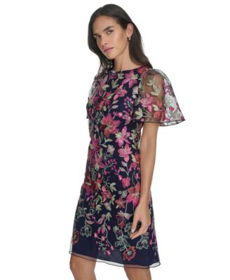 Women's Short-Flared-Sleeve Sheer-Detail Sheath Dress