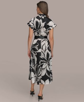 knee length dresses for ladies Floral Belted A Line Midi Dress | Shirt Dress