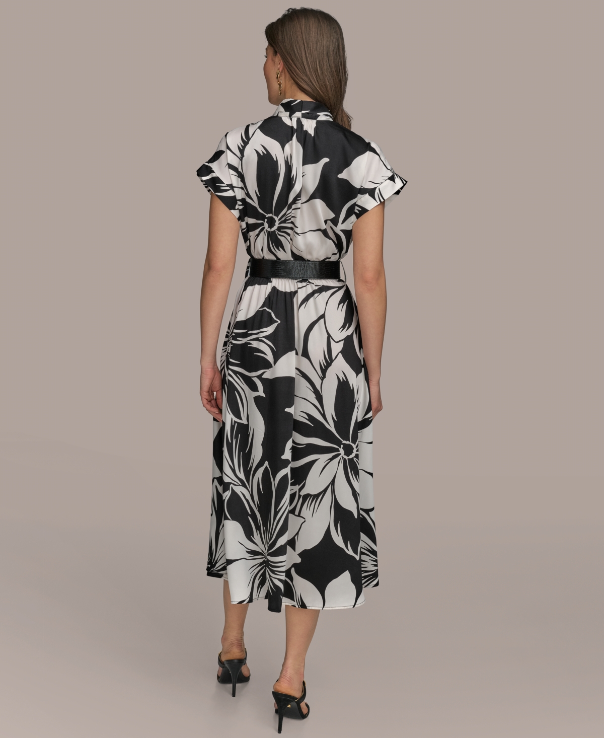Donna Karan Plus Size Printed Belted A-line Dress In Black Pristine