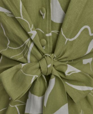 【Donna Karan New York】Printed Tie-Front Dress Donna Karan New York Women's Tie-Front Linen 3/4 Sleeve