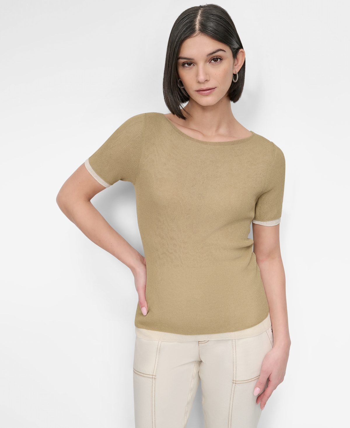 Women's Contrast-Trim Layered-Look Sweater - Pale Moss/coconut