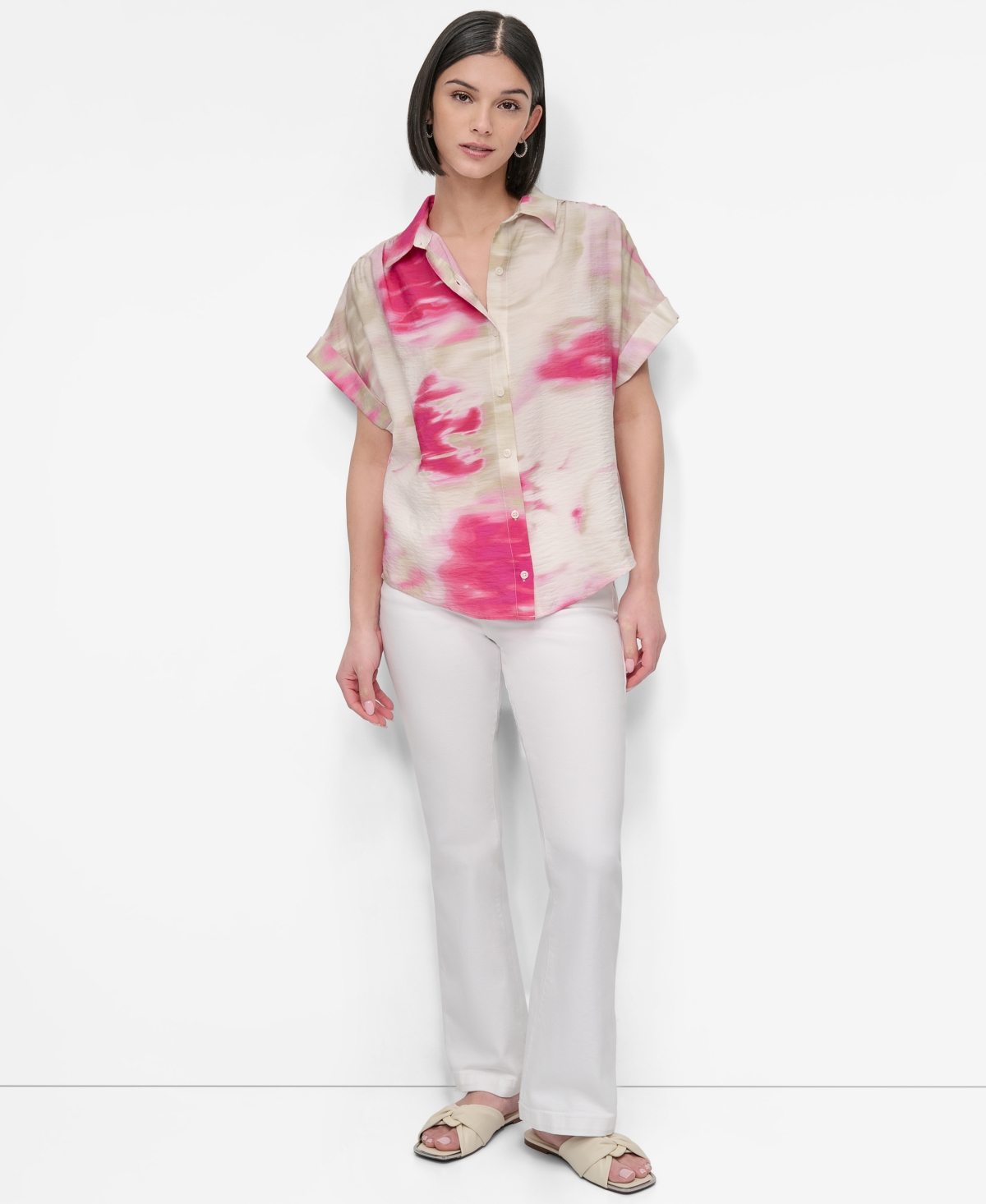 Dkny Abstract Print Textured Short Sleeve Button-up Shirt In Pink