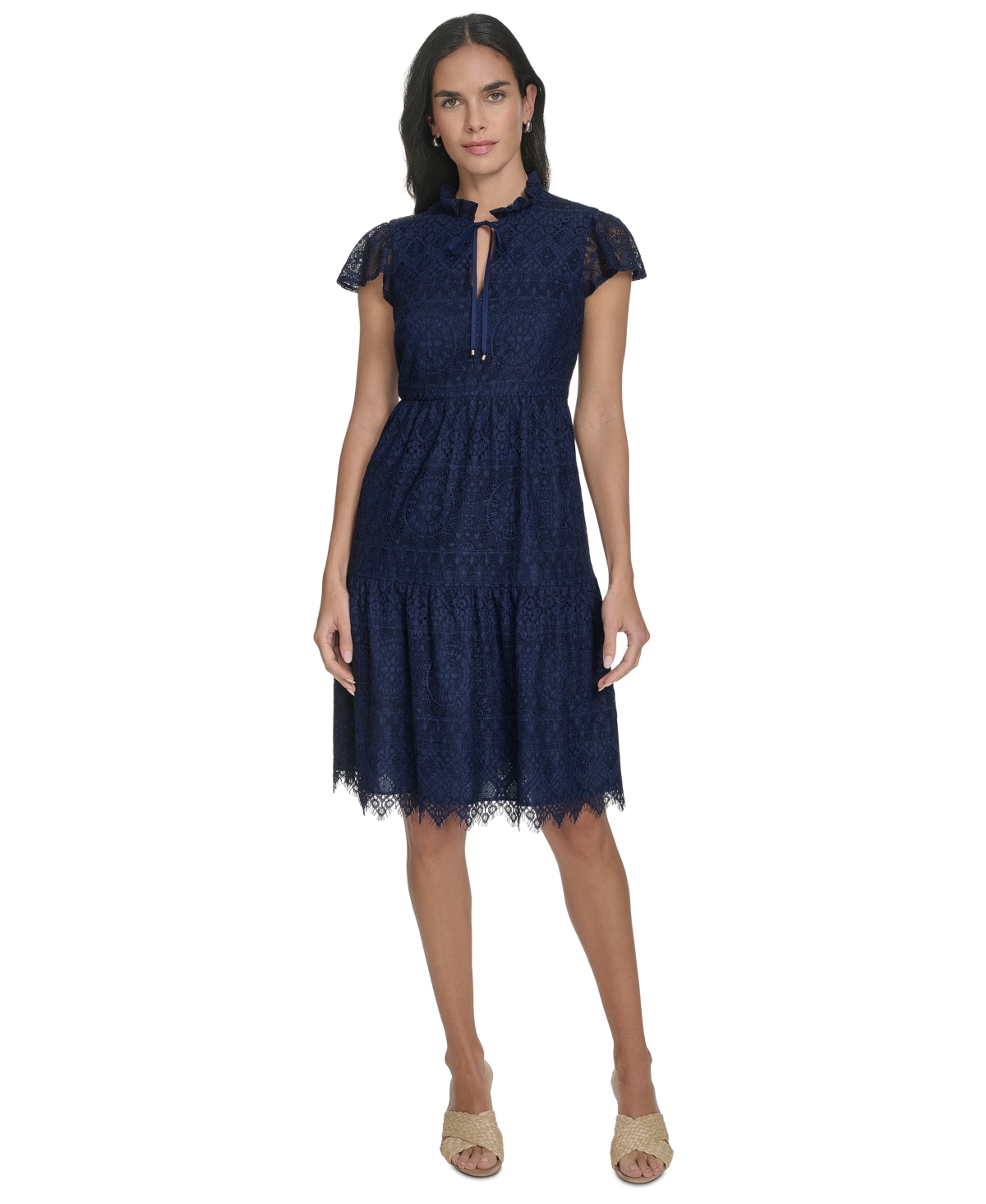 Petite Lace Scalloped-Hem Flutter-Sleeve Dress - Navy