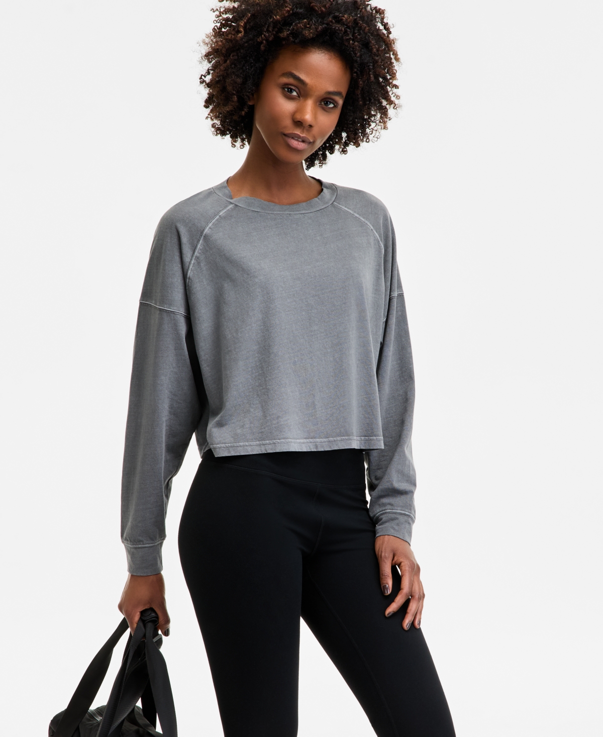 Id Ideology Women's Distressed Long-sleeve Cropped Top, Exclusively At Macy's In Gray