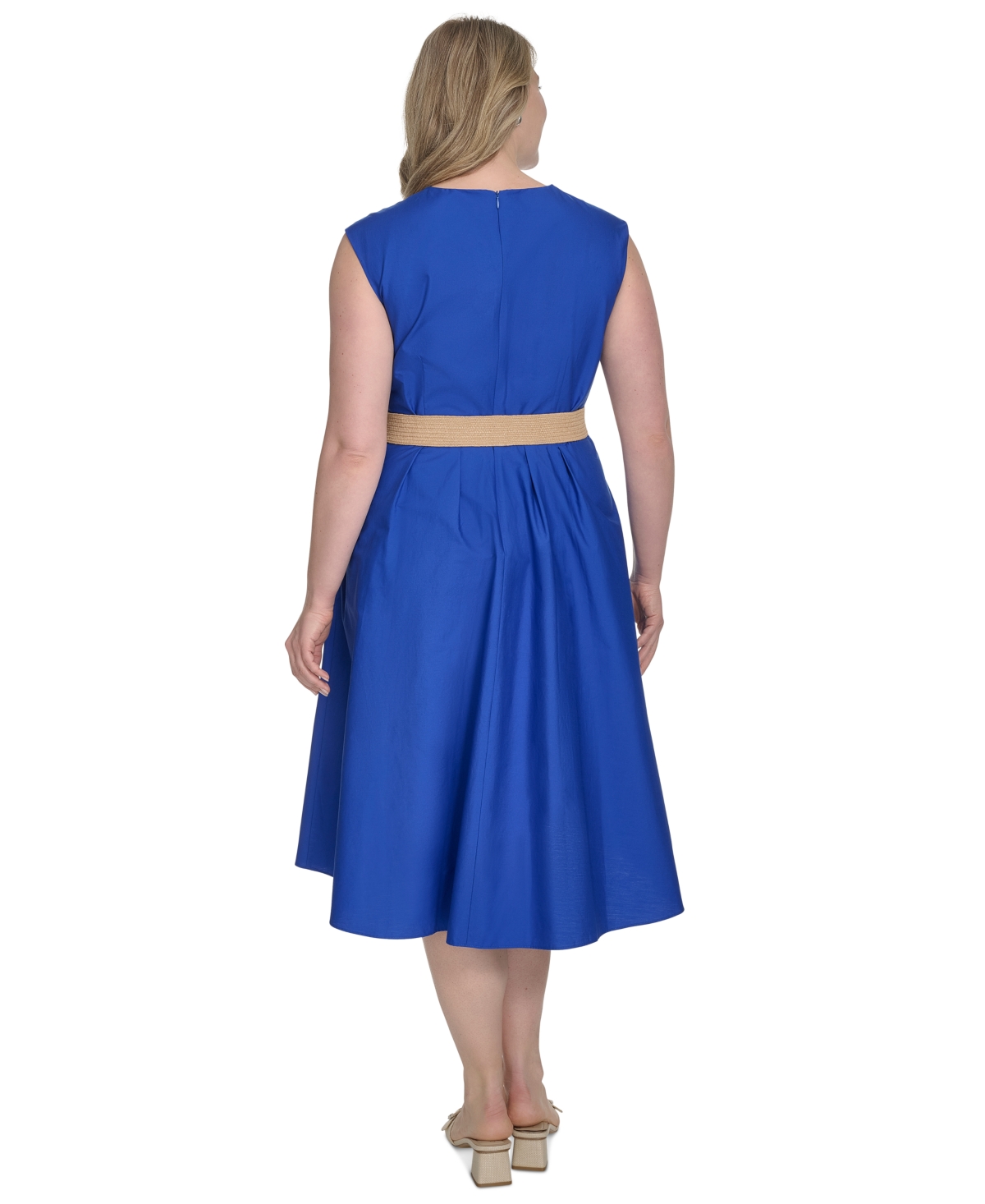 Jessica Howard Plus Size Belted Sleeveless V-neck Midi Dress In Blue
