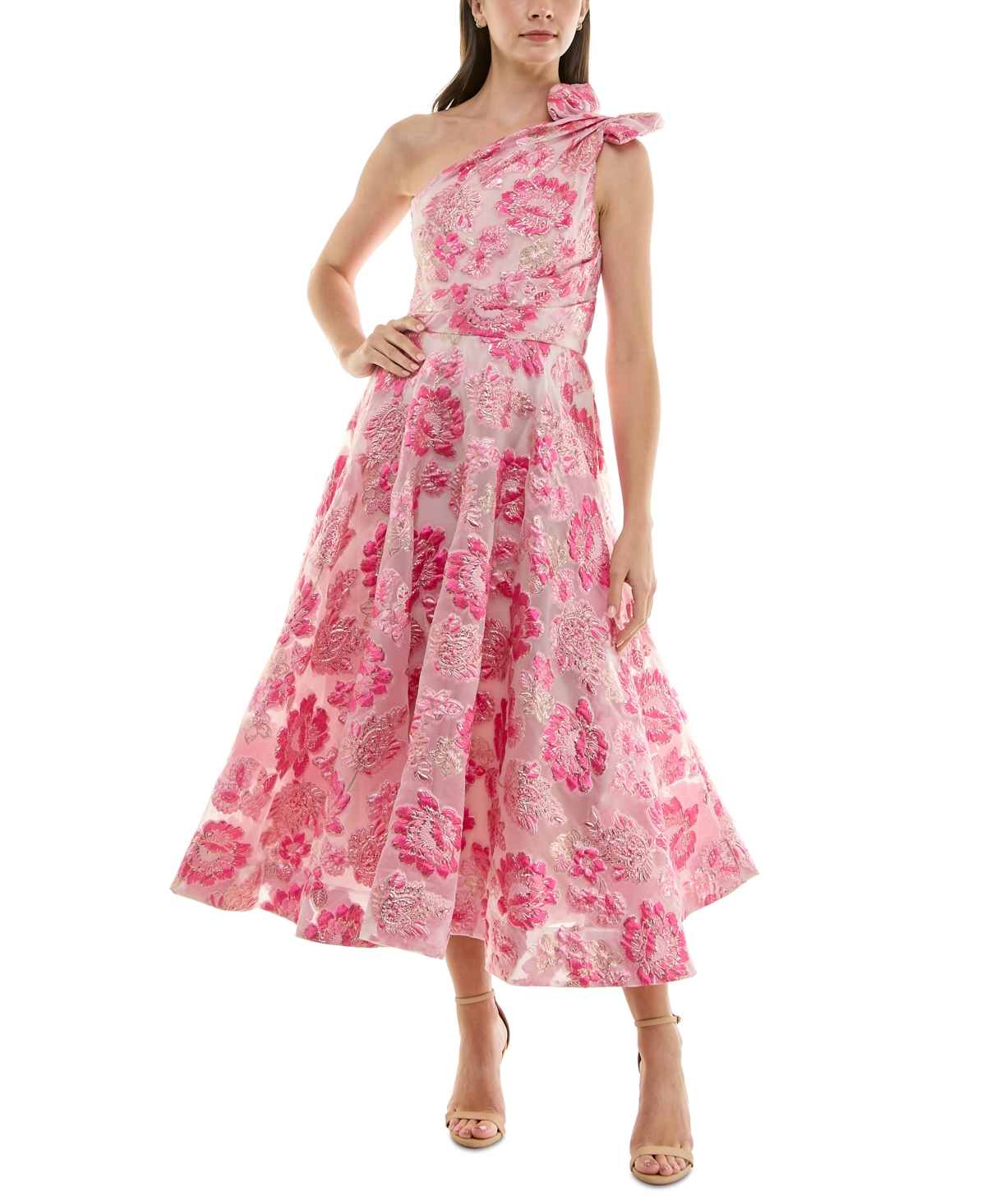 Women's Floral Jacquard One-Shoulder Dress - Pink Doll Magenta