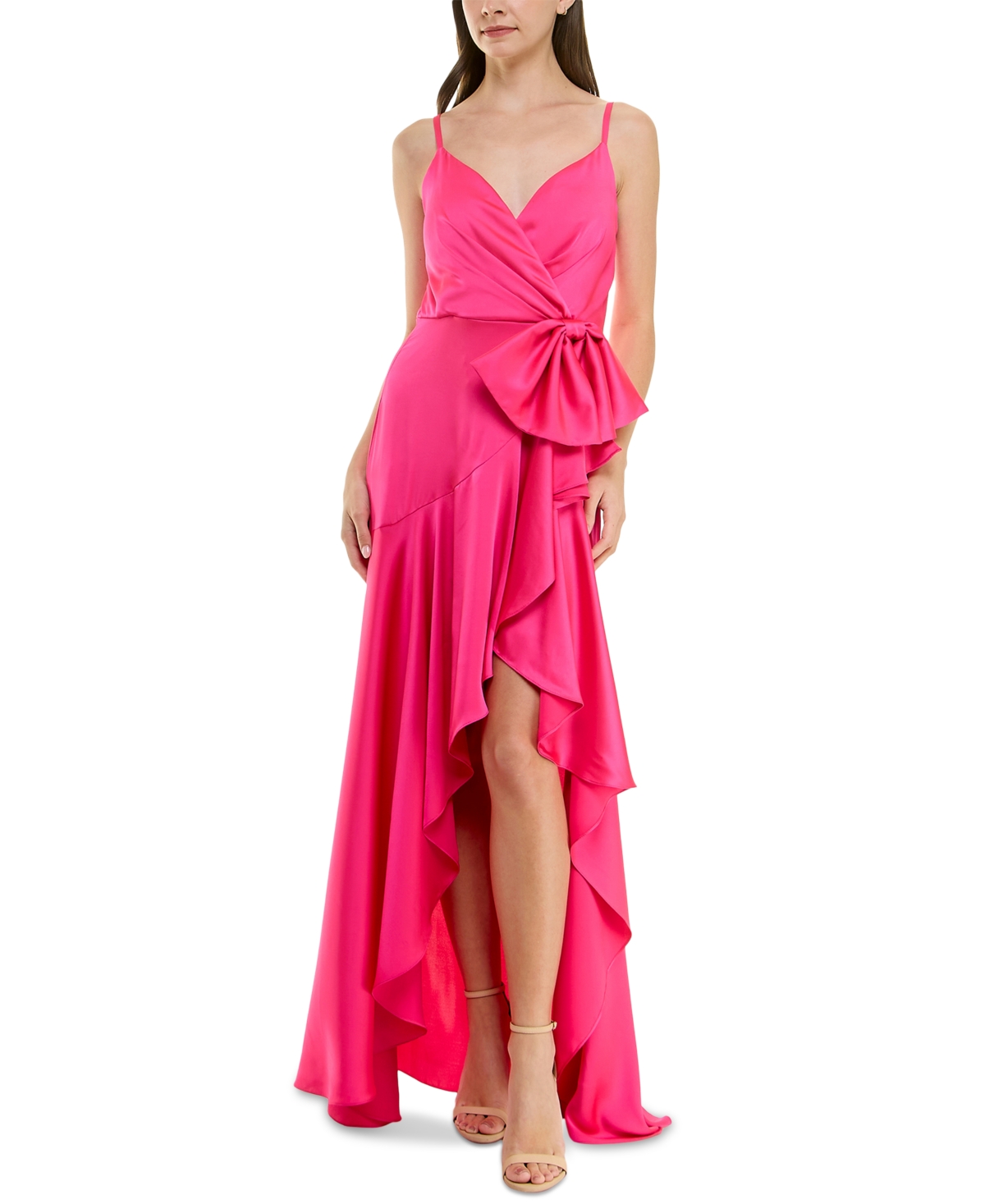Women's Cascading-Ruffle High-Low Surplice-Neck Dress - Hot Pink